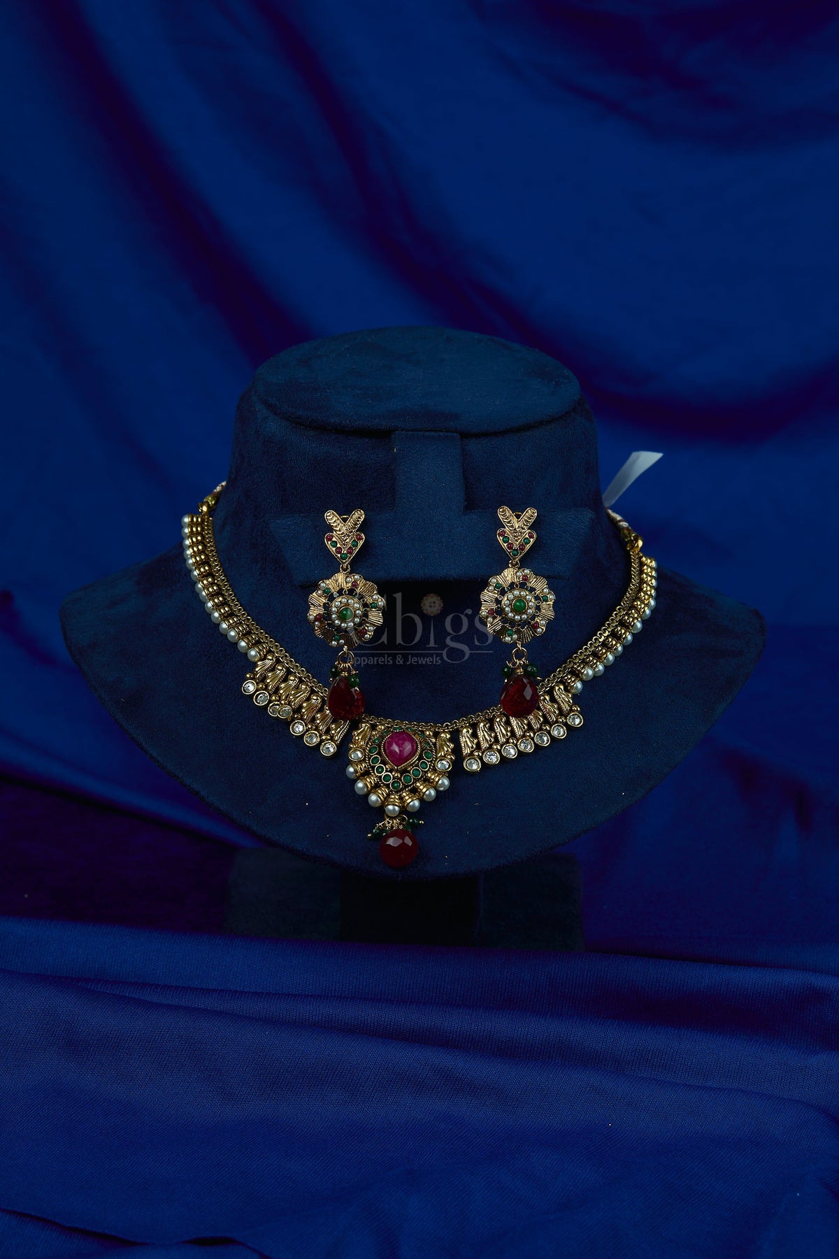 Antique Ruby Emerald Floral Temple Necklace Set