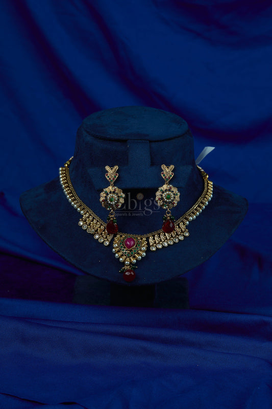 Antique Ruby Emerald Floral Temple Necklace Set