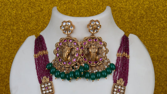 Antique Elephant Crest Ruby Pearl Long Set