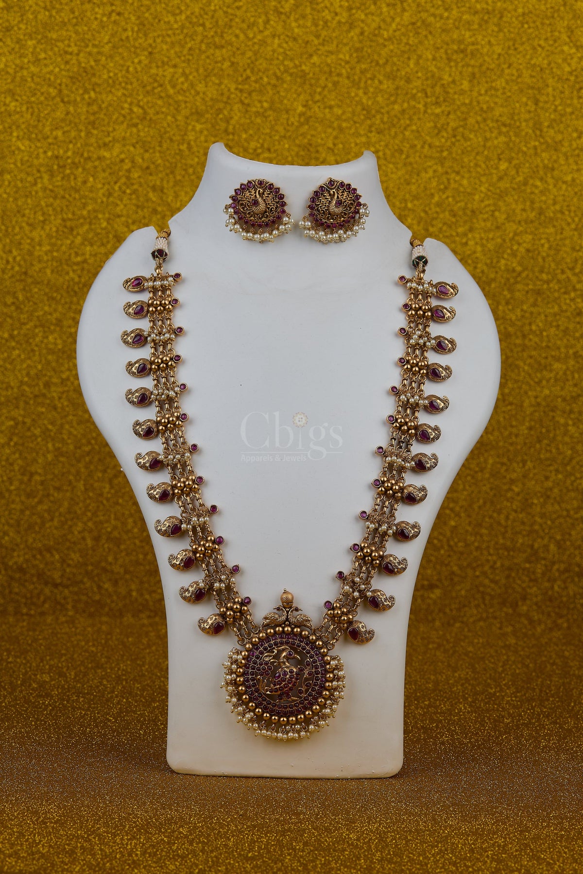 Antique Ruby Peacock Medallion Temple Haram