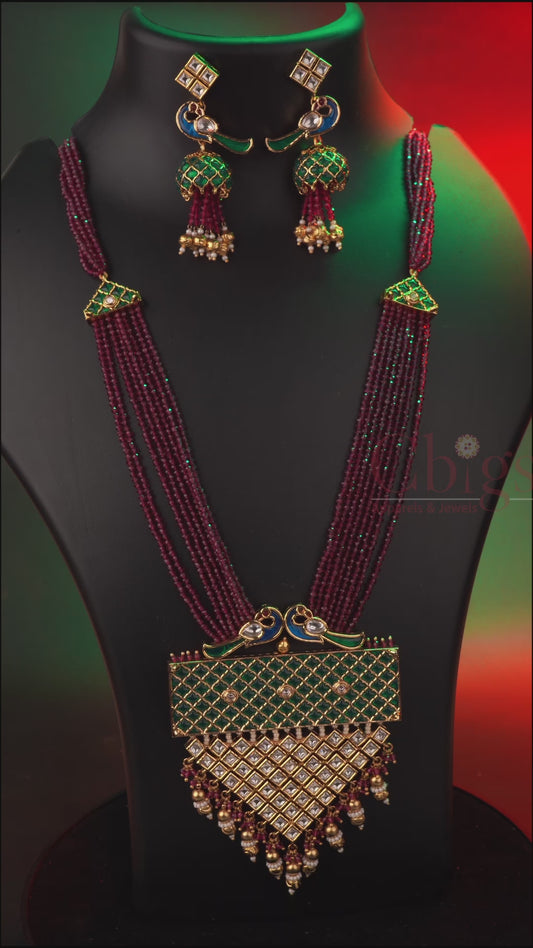 Green Onyx Bead Meenakari Peacock Long Necklace Set