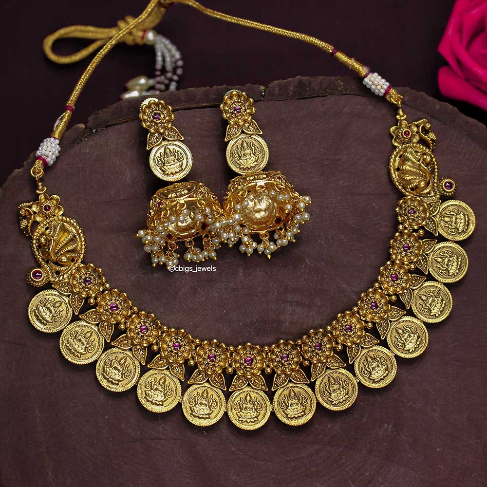 Antique Floral Motif Necklace with Lakshmi Kasu