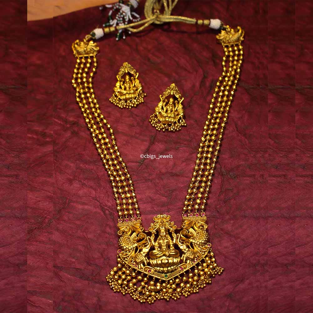 Antique Matte finish temple jewellery with Goddess lakshmi pendant.