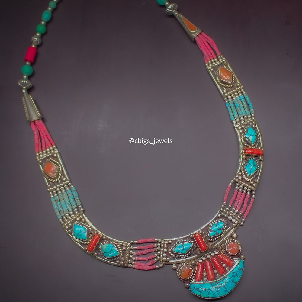 Fancy Tibetan Neckpiece with Precious Coral and Turquoise beads.