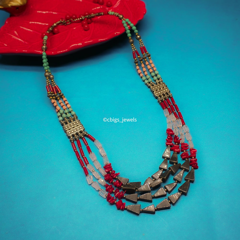 Three Line Multi beaded Tibetan style Neckpiece