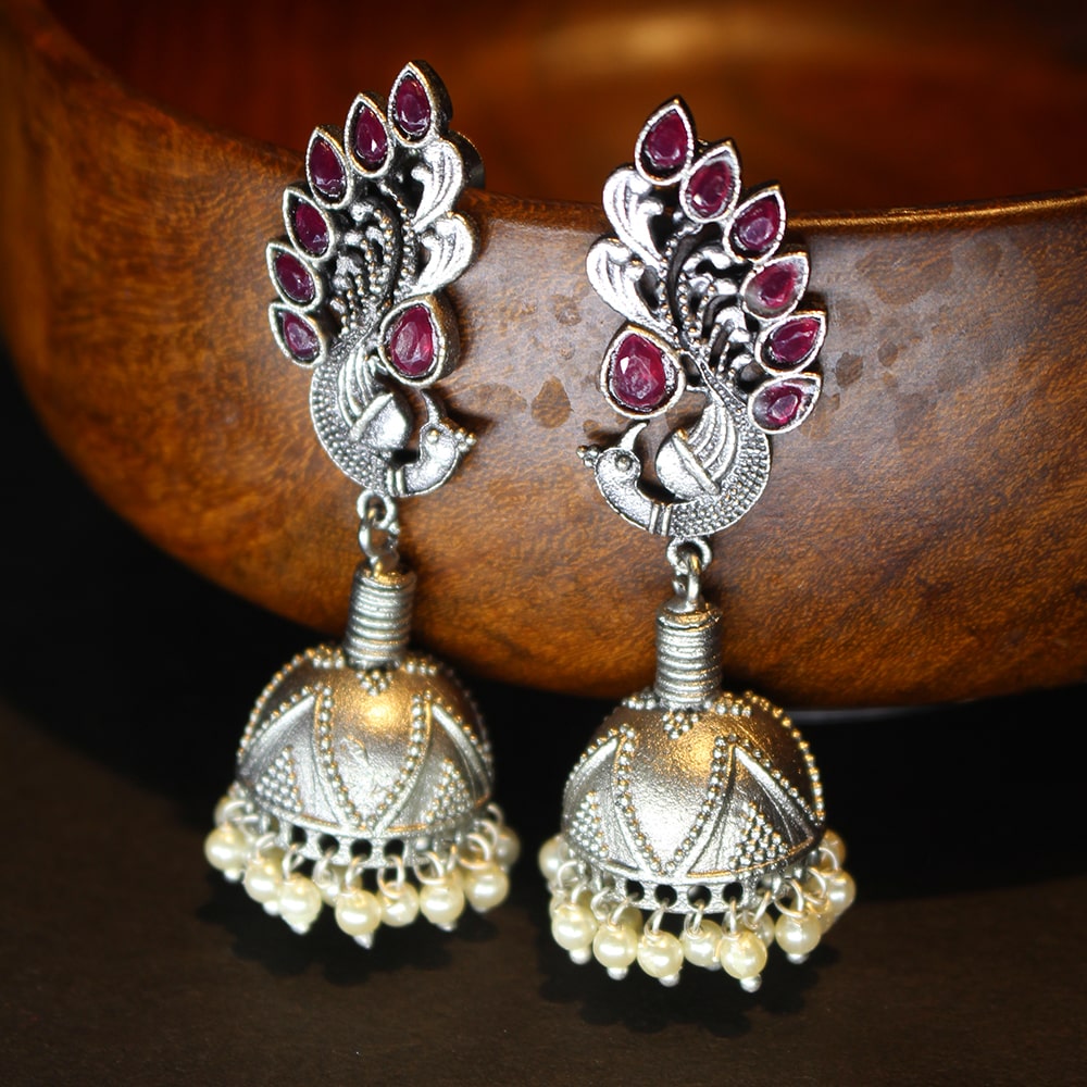 Oxidized Silver Earrings with Peacock Motif.