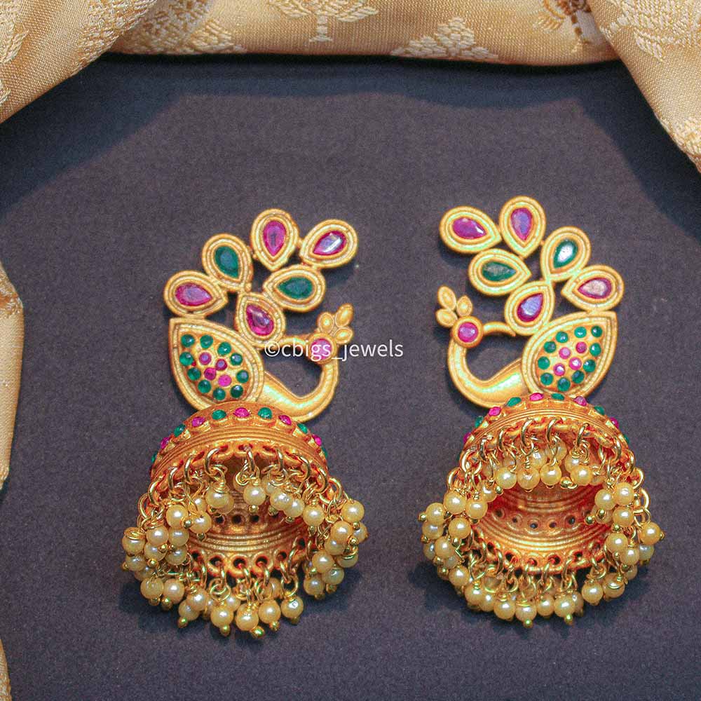 Peacock motif Jumka with semi precious stones