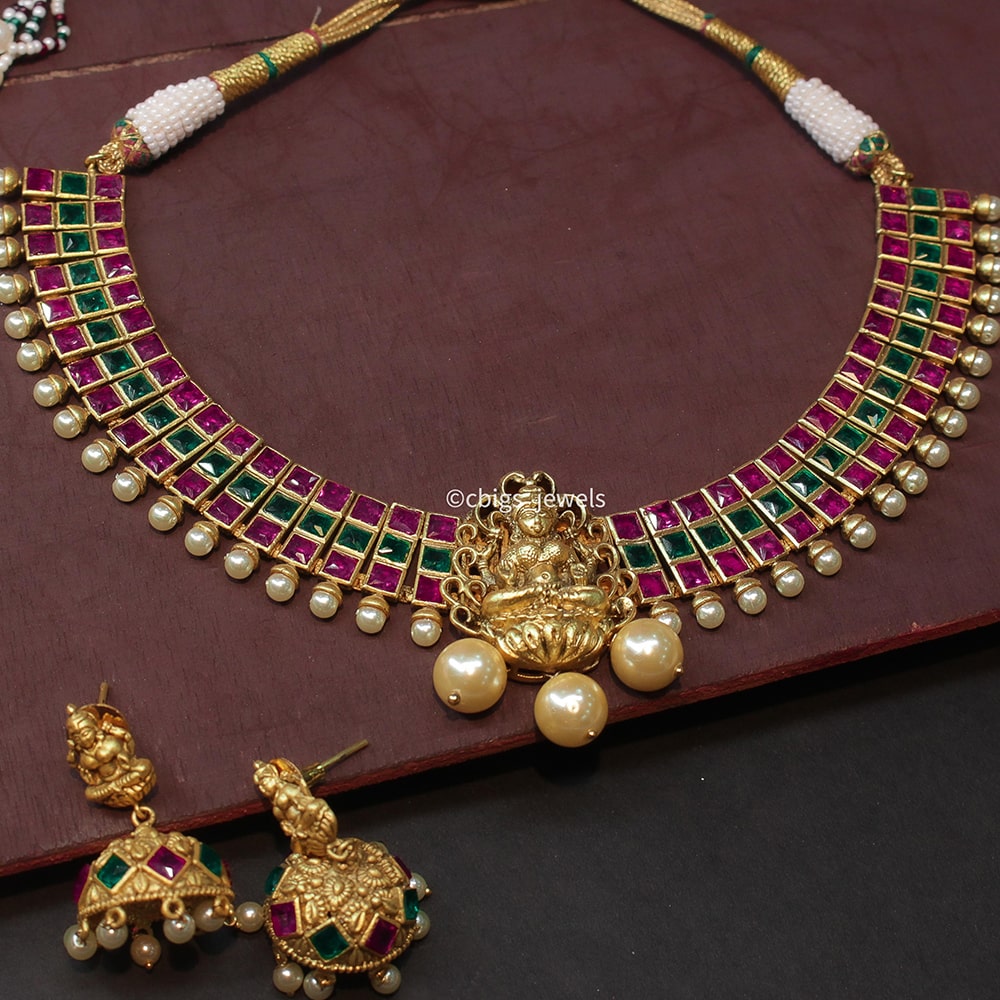 Multi-colored Temple Necklace with Goddess Lakshmi Motif