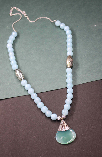 Blue Agate Beads necklace with Silver Pendant