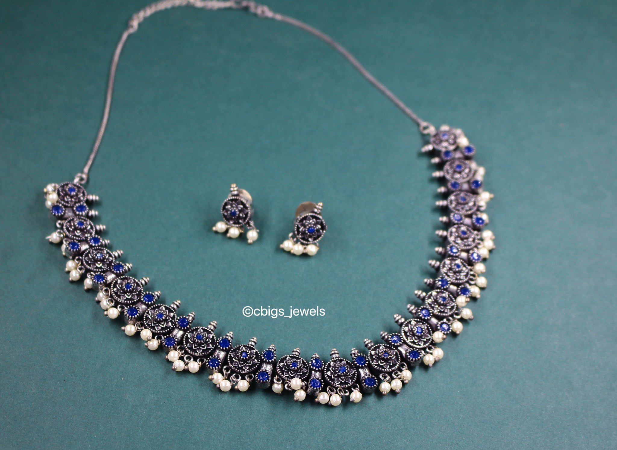 Silver Oxidized Necklace with Blue stones
