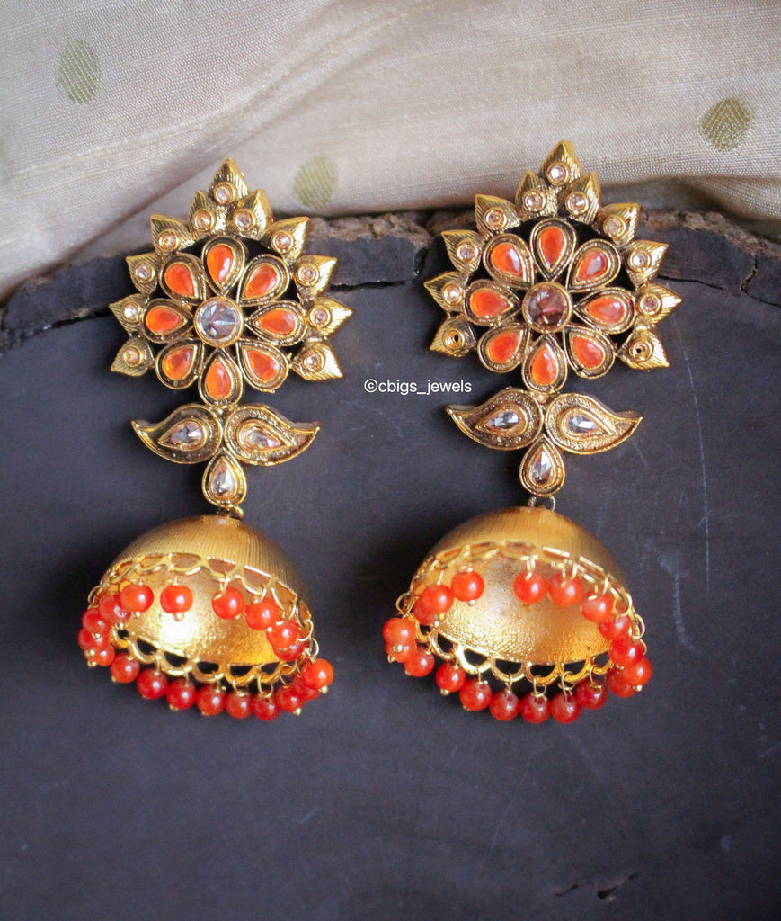 Bridal Polki Earrings with Orange Agate Stones