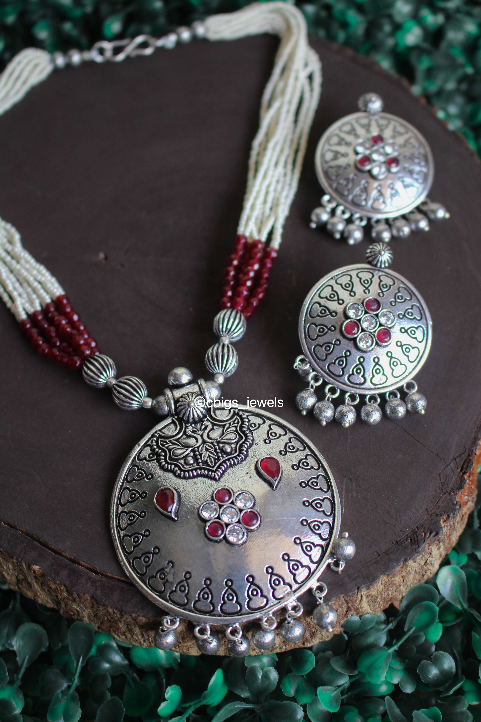 Silver Oxidized Pendant Set with Pearls