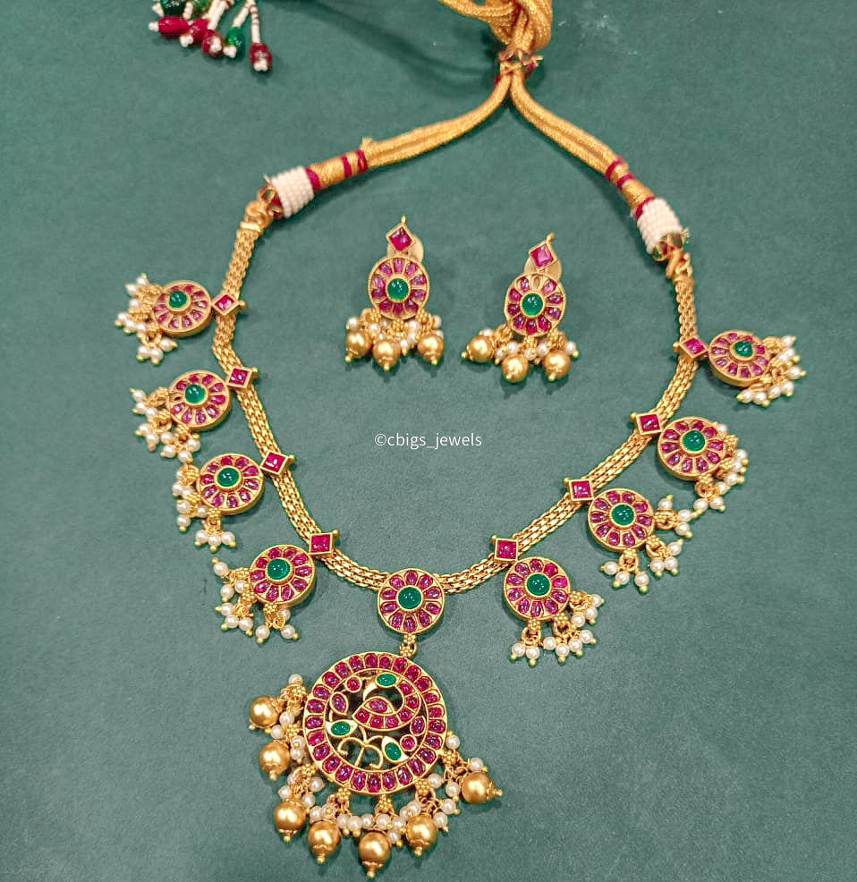 Antique Brass Multicolour Necklace With Peacock Motif