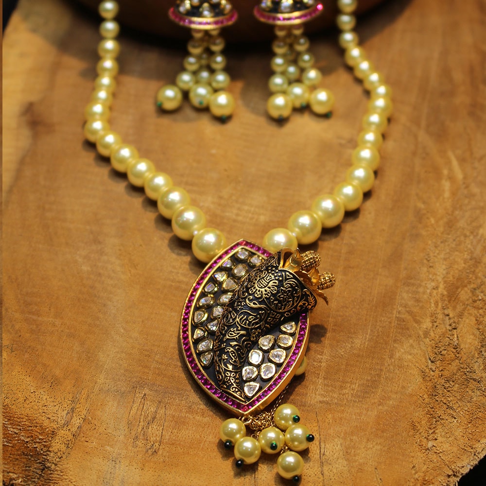 Minakari Kundan Pendant set with Real Pearls and Rubies