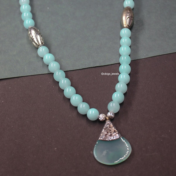 Blue Agate Beads necklace with Silver Pendant