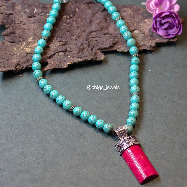 Hand Crafted Turquoise bead necklace with Coral Pendant