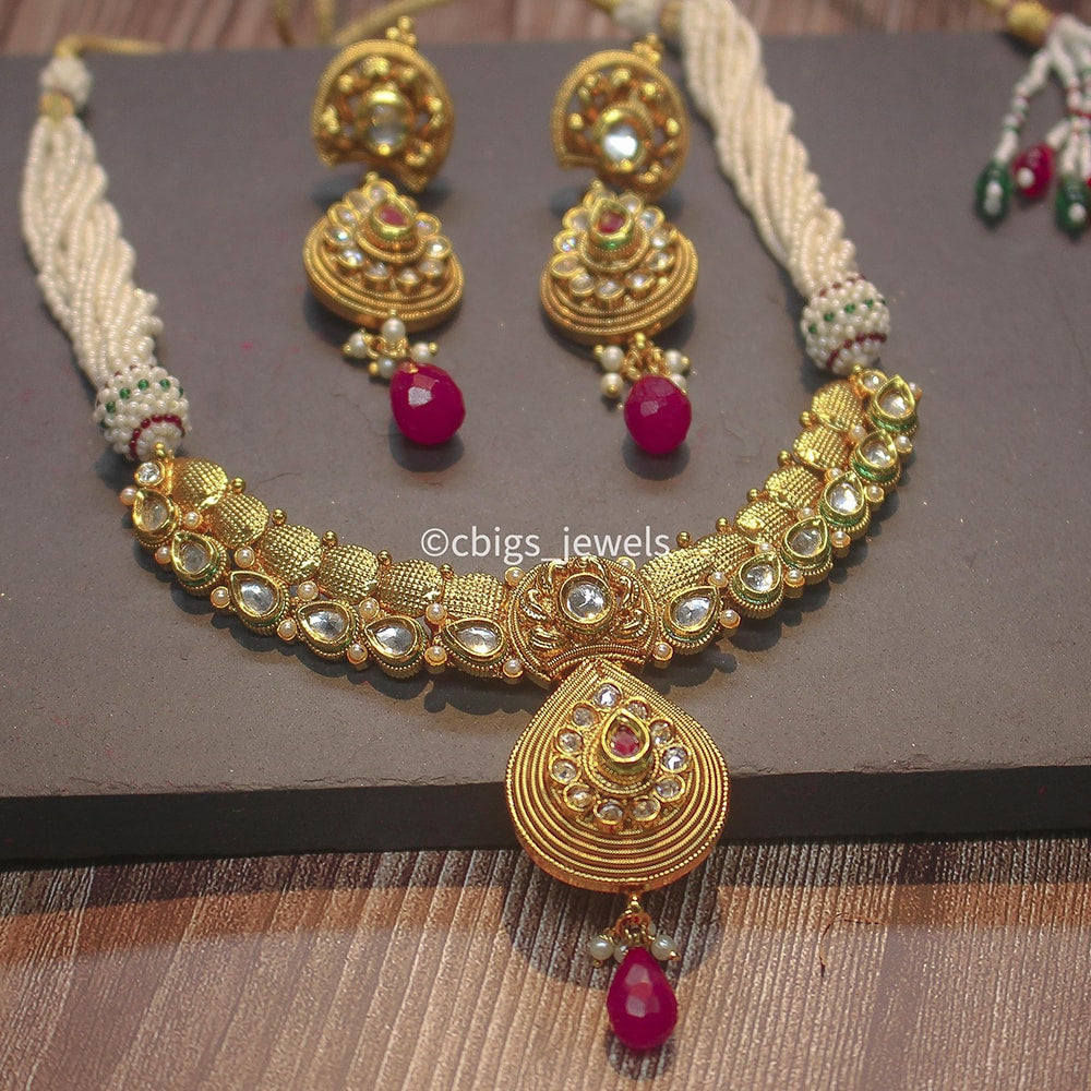 Antique Kundan stone Pearl necklace set
