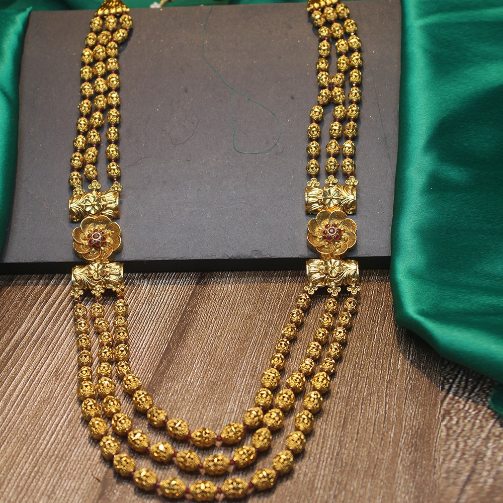 3 Line Layered Antique Gold Ball Necklace