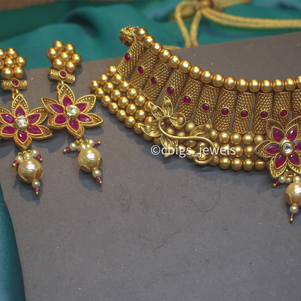 Antique Gold Finish Bridal Choker with Ruby Stones