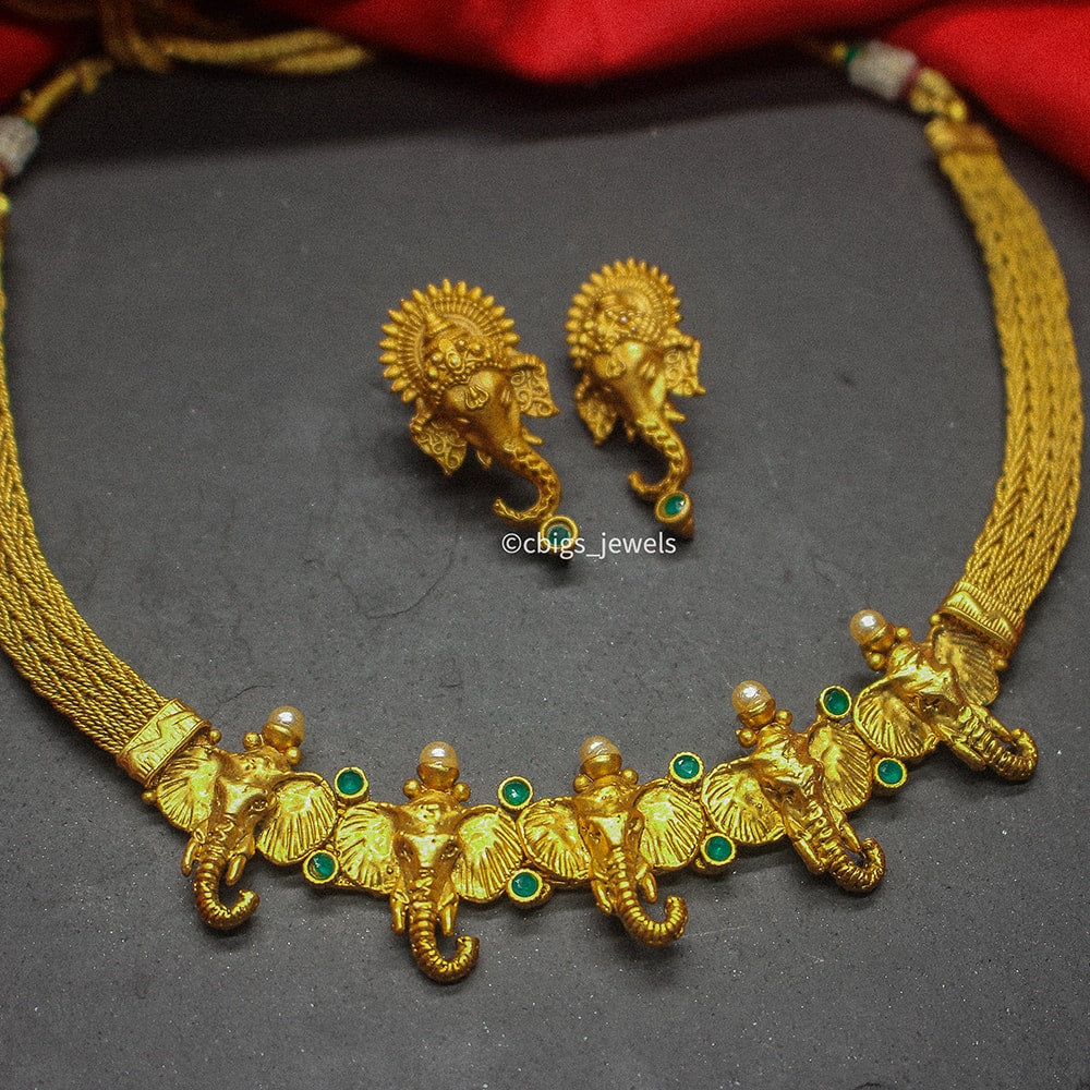 Temple Jewellery Set with Lord Ganesha Motifs.