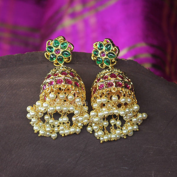 Pink and Green Kemp Stone and Golden Drop Earrings - Akshavi Trends