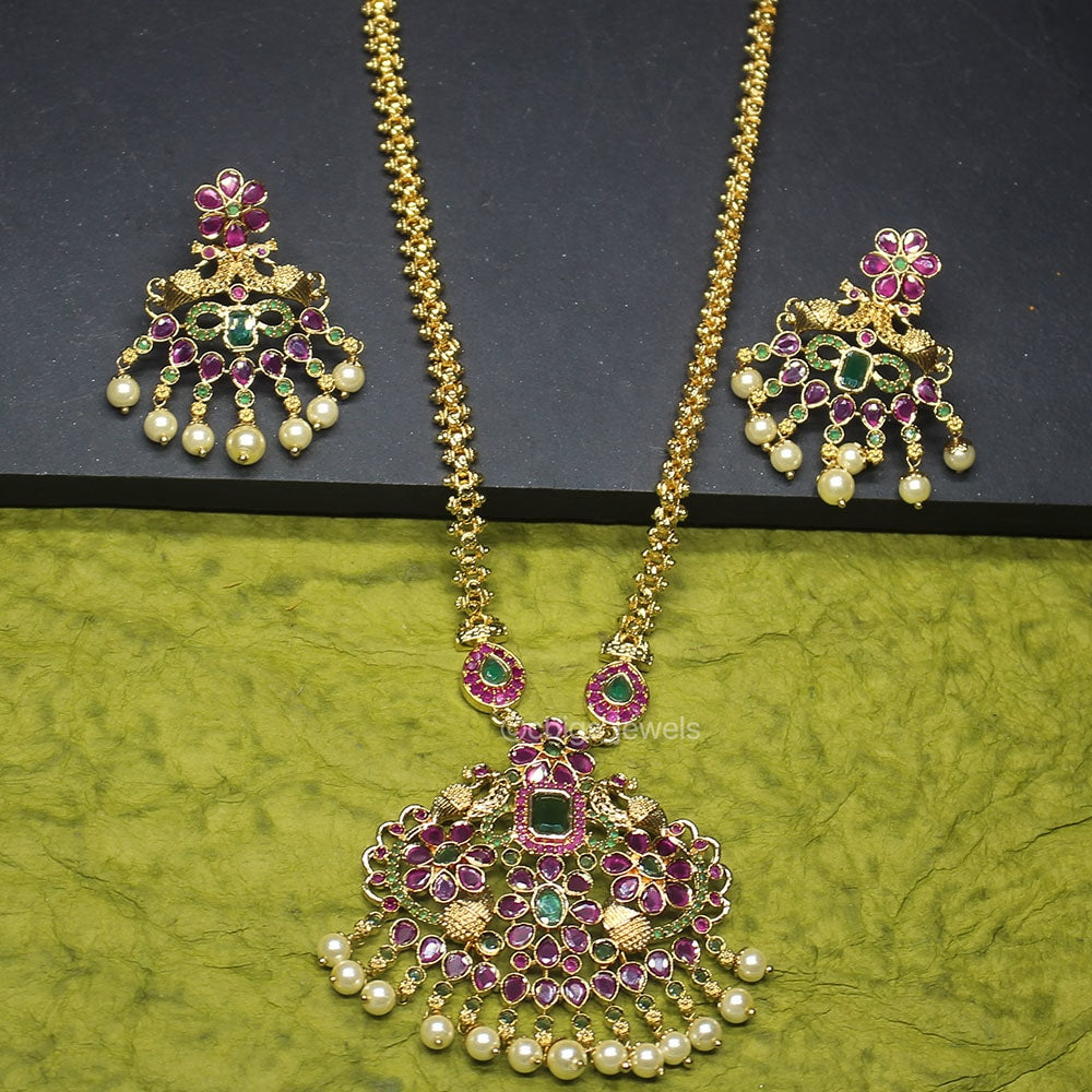 1 gm Gold Plated Necklace with Semi-Precious Ruby and Emerald Stones